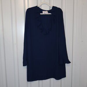 Charles Henry Women's Blue Shift Dress Ruffle V Neck Ruffle Long Sleeve Size XL